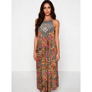 Faroro Retro Floral Crochet Halter Maxi Dress Size Medium